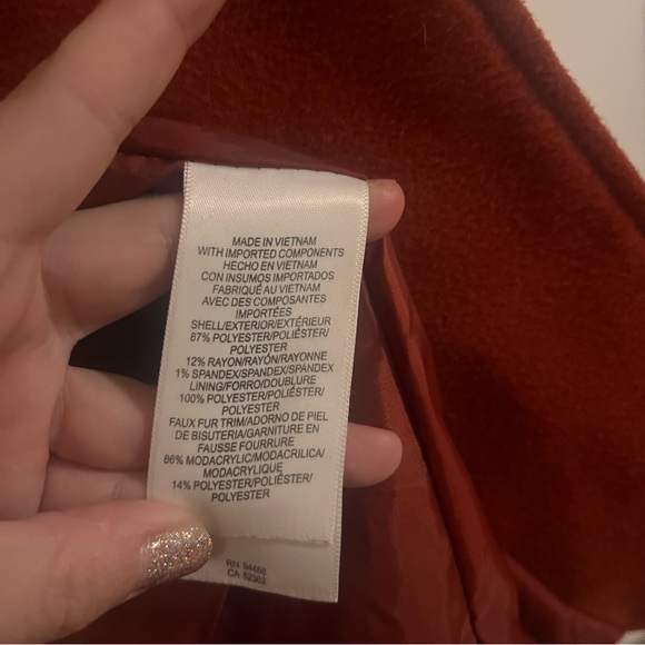 LIZ CLAIBORNE Peacoat w/ Detachable Faur Fur Trimmed Hood in Burnt Orange: Sz S - Picture 6 of 8